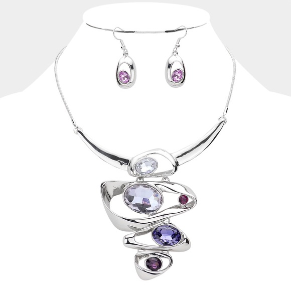 GORGEOUS SILVER ABSTRACT CRYSTAL AMETHYST STONES NECKLACE & EARRING SET - Picture 3 of 6